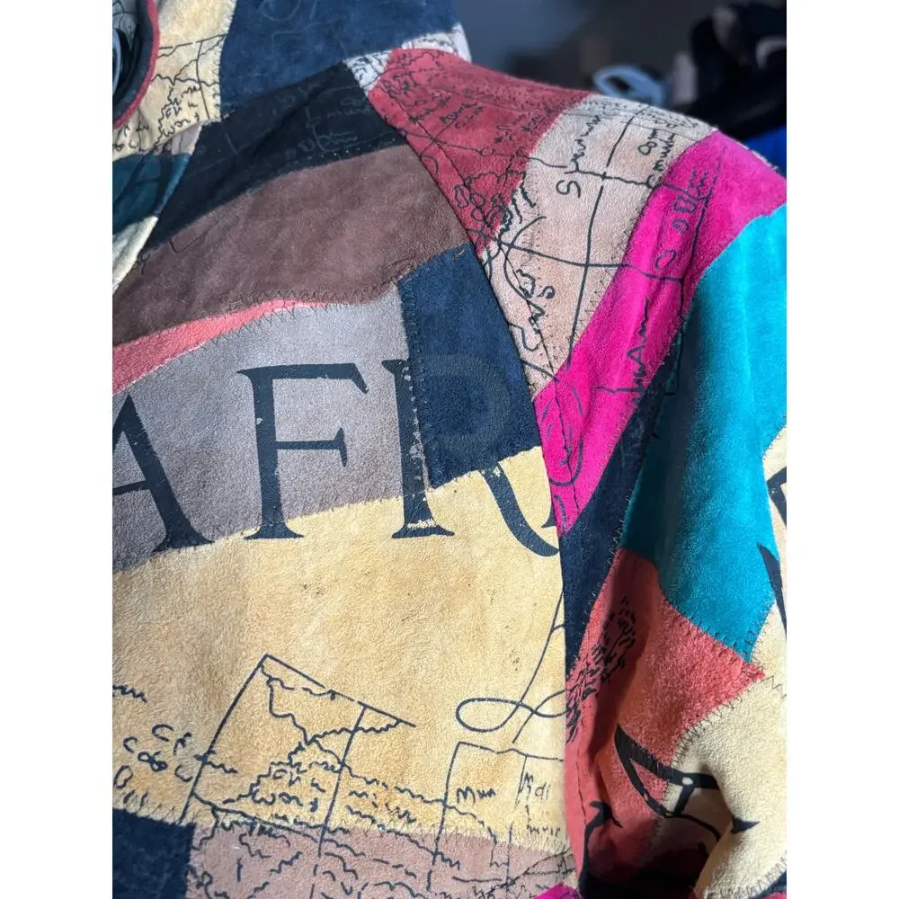 Vintage African Star Suede Leather Coat Map Print Oversized Long Jacket Boho - Picture 12 of 15